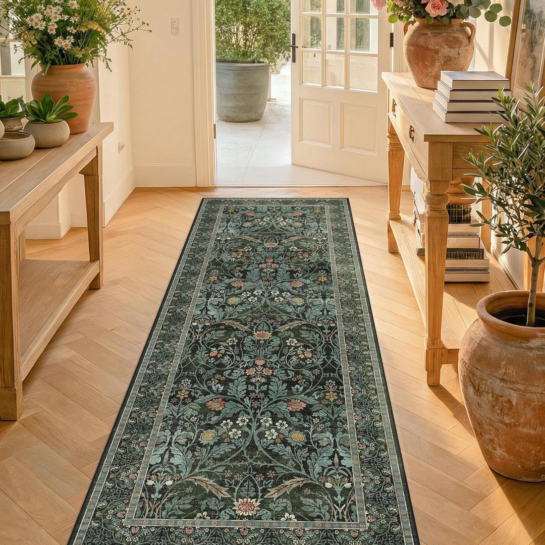 Dark Green 2x6 Washable Runner Rug Non Slip - Kitchen Hallway Runner 6ft - Floral Soft Thin Rug Non Skid for Bathroom Entryway, Vintage Low Pile Stain Resistant Floor Carpet
