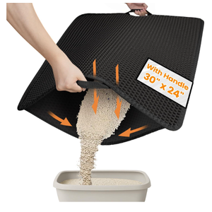 Cat Litter Mat-30"X24" Large Litter BoxTrapping Mat for Kitty EVA Honeycomb Double Layer Design, Urine & Waterproof with Handle Design Easier to Clean, Washable, Black