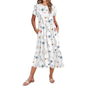 Zeagoo Women Summer Midi A Line Dress Short Sleeve Casual Flowy Tiered Beach Long Sundress with Pockets 2026 Vacation Travel M