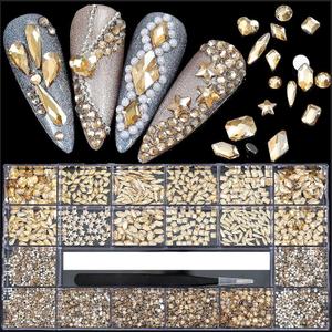 4880Pcs Champagne Rhinestones for Nails, Gold Crystal Nail Rhinestones Round Beads Flatback Glass Gems Stones, Multi Shapes 3D Nail Crystals for Nail Art DIY Crafts Clothes Shoes Jewelry (S3-Champagne Color)