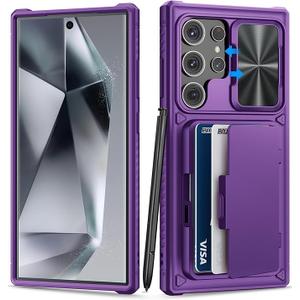 Tongate for Samsung Galaxy S24 Ultra Case with Card Holder (4-5 Cards) & Kickstand & Slide Lens Cover, Military Grade Protection, Women Rugged Silicone Wallet Case for Galaxy S24 Ultra 2024, Dark Purple