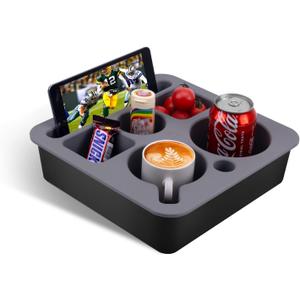 Couch Cup Holder Tray, Bonfixe Stable Couch Caddy for Bed and Sofa, Upgraded Capacity Health-Friendly Silicone Anti-Spill Drink Holder Organizer for Snacks Beverage (Black-Gray)