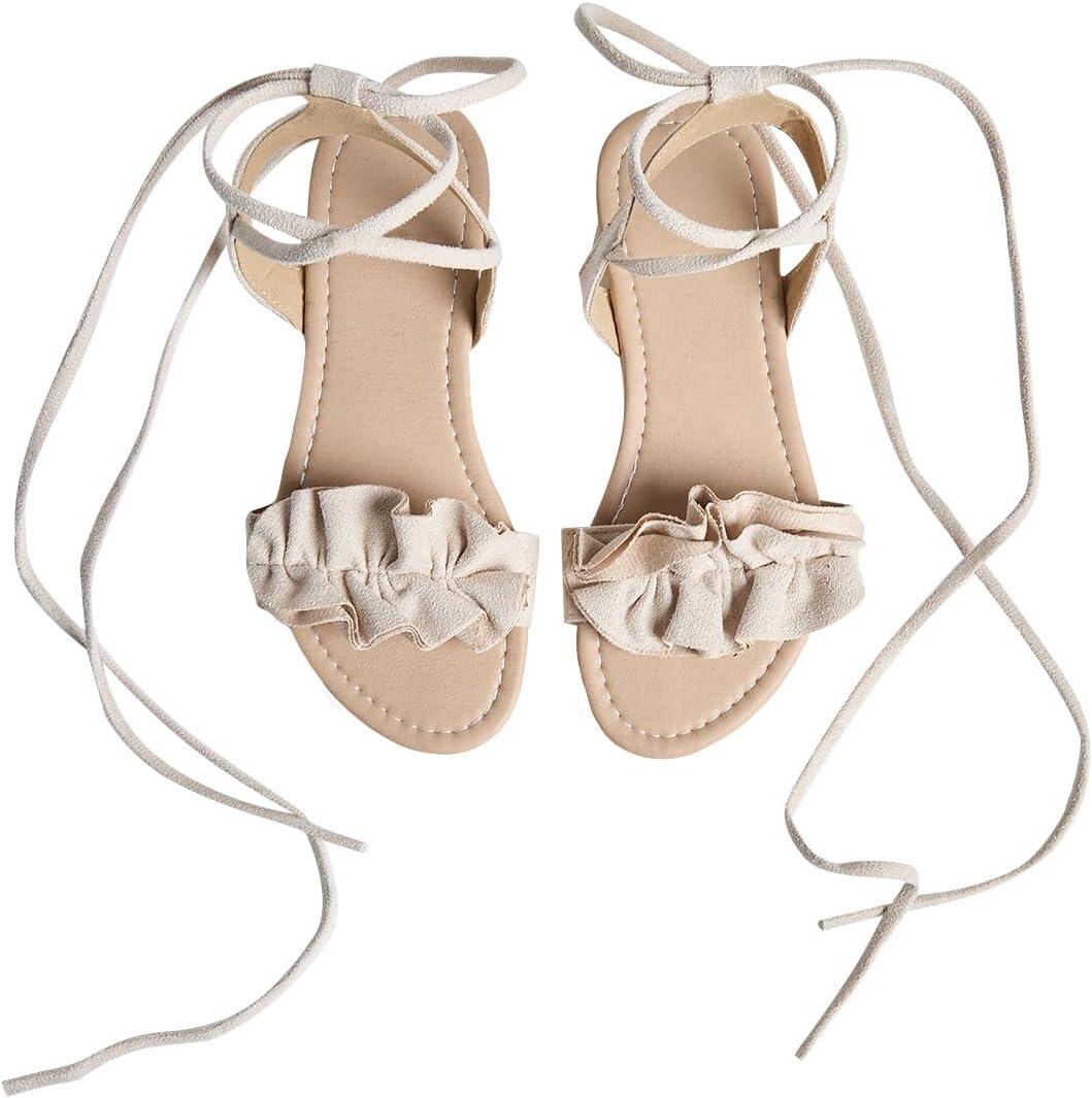 GORGLITTER Women's Lace Up Gladiator Sandals Ruffle Trim Strappy Flat Sandals Casual Tie Up Ankle Strap Sandals (10, Beige)