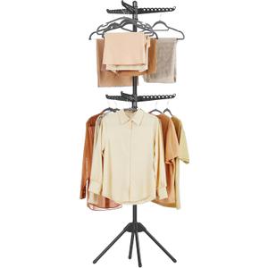 SONGMICS 2-Tier Clothes Drying Rack, 75.2-Inch Folding Laundry Drying Rack with 6 Rotatable Arms for Hangers, Stainless Steel, for 54 Pieces of Clothes, Black ULLR514B01