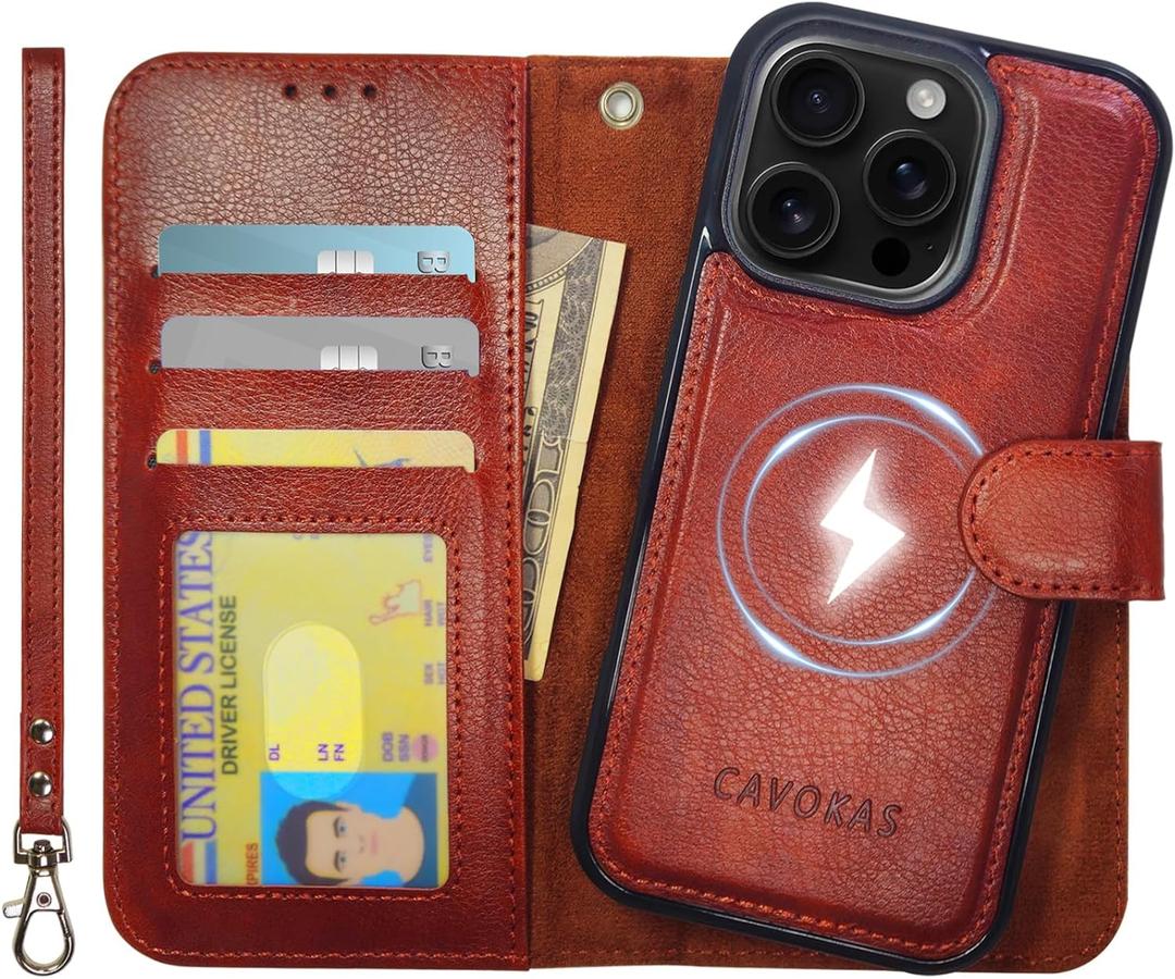 Case Wallet for iPhone 16 Pro Wallet Case, Detachable Leather Cover with Card Holder, Strong Magnetic Compatible with MagSafe Wireless Charging, Kickstand Shockproof Cover 6.3 inch, Brown