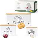 Potato Onion and Garlic Storage Bins with Wooden Lid & Breathable Holes  Rustic Farmhouse Stackable Kitchen Vegetables Canisters with Ventilation & Side Handles Space Saving  Set of 3