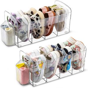 2 Pack Upgraded Kids Shoe Rack with 2Pack Socks Rack, Clear Acrylic Baby Shoe Organizer with Side Anti-Slip Baffle, 4 Sections Toddler Shoe Rack with Socks Storage for Closet Organizers