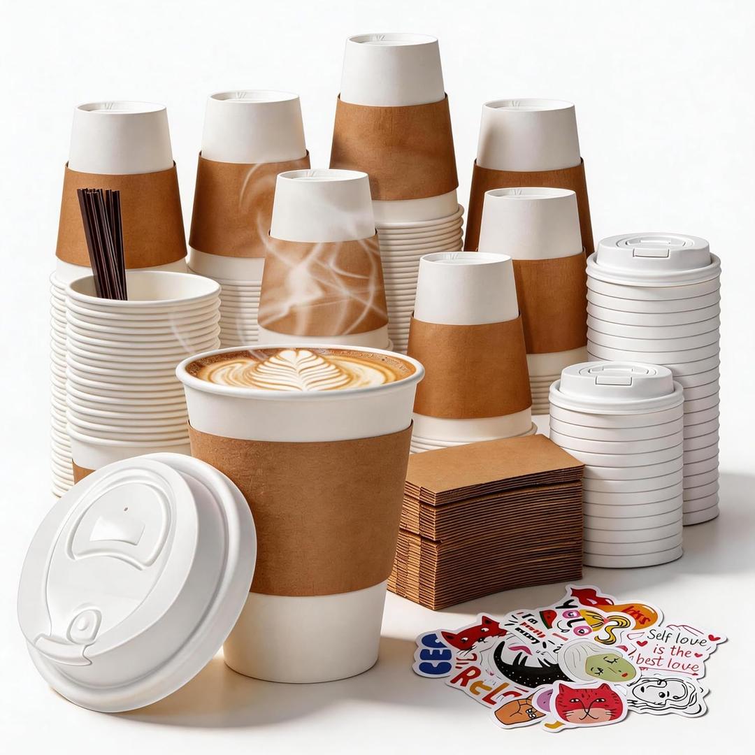 12 oz Disposable Coffee Cups with Lids, Sleeves and Stirrers 100 Pack, Hot Cups with Lids, Leak-Proof To Go Cups for Hot Chocolate, Cocoa, Office, Coffee Bar Accessories