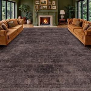 Farmhouse 9x12 Dark Taupe Brown Large Area Rugs for Living Room, Vintage Unique Washable Dark Brown Rug for Bedroom Under Bed with Distressed Geometric Design, Soft Stain Resistant Low Pile Non-Slip