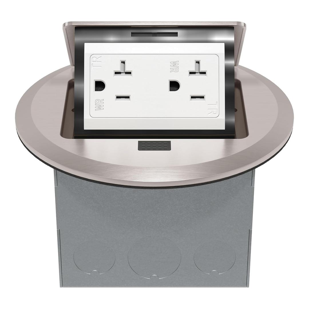 TG Round Pop-Up Floor Box Kit, 20A Tamper-Resistant Weather Resistant Receptacle Outlet, Outlet Cover Box, Watertight Gasket and Corrosive Resistant Hardware, Nickel Plated Brass, Stainless Steel