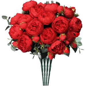 Hoikwo 4 Bunches Small Vintage Red Peony Artificial Flowers (20 Peony Heads), Silk Fake Fake Silk Flowers Bouquet with Stems for Home Wedding Party Table Centerpieces