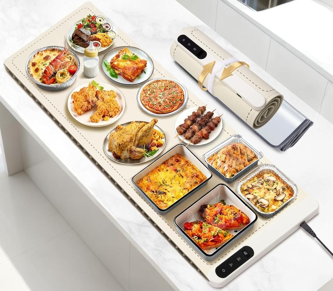 Extra Large Warming Mat for Food, (42"x15") Food Warming Mat with Countertop Insulation Pad, 6 Level Temperature & 6 Hours Timer, Silicone Food Heating Pad, Warming Trays for Buffets Party, Beige