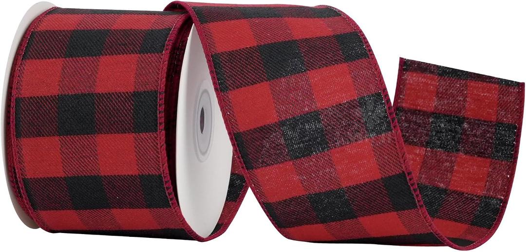 MEEDEE Black Red Checkered Christmas Decor Ribbon 2-1/2 Inch Wide 10 Yards Wired for Bows, Wreaths, Gift Wrap, Holiday Crafts, Farmhouse Decor