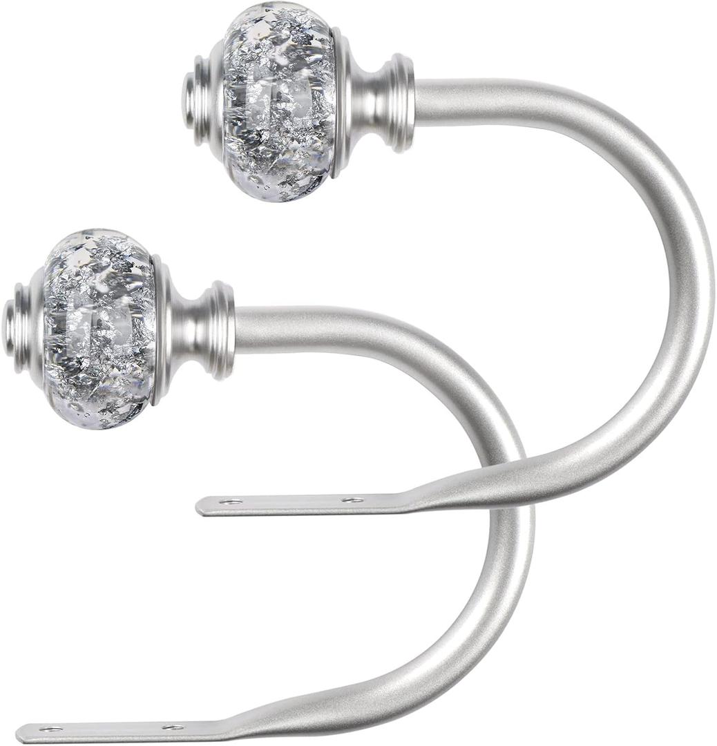 2 Pack Curtain Holdbacks, USFOOK Silver Decorative Window Drapery Tiebacks (2 Pack/1 Pair), Curtain Tie Back Hooks for Wall with Translucent Finials (3.95" L x 3.4" W)