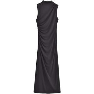 Women's Standing Neck Sleeveless Straight Sleeveless Slim Fit Folded Decoration Midi Dress L
