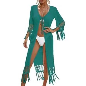 BreathSunny Womens Crochet Knit Swimsuit Coverup Long Cardigan Summer 2026 Tie Open Front Tassel Hollow Out Long Sleeve Mesh Swimwear Beach Swim Bikini Bathing Suit Cover Up Kimono Peacock Green S