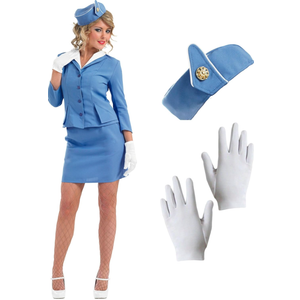 fun shack Flight Attendant Costume Women Blue, Retro Airline Stewardess Outfit with Hat & Gloves Size Small