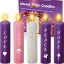 Advent Pillar Candles Set of 5-7" x 2" Unscented Christmas Decorations Round Candle, Seasonal Candle with Words Love, Joy, Christ, Peace, Hope for Advent Wreath - 3 Purple, 1 Pink, 1 White