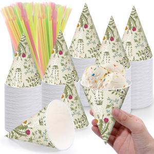 Willinglong 50 Sets Vintage Wildflower Snow Cone Cups and Straws 6oz Green Leaves Herbs Ice Cream Cup Spring Flora Paper Funnel for Wedding Baby Bridal Shower Birthday Garden Tea Party Decor Supplies