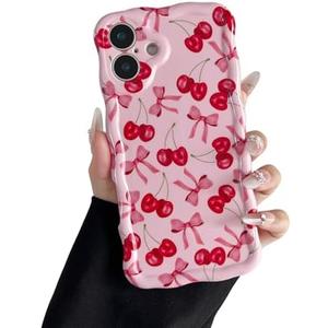 branple Compatible with iPhone 16 Plus Case, Cute Wave Curly Pink Cherry Bow Phone Case for Women, Soft TPU Shockproof Protection Cover Designed for iPhone 16 Plus 6.7 inch