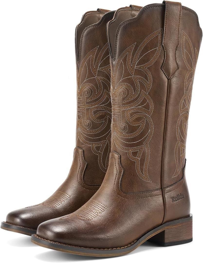 Rollda Cowgirl Boots Cowboy Boots for Women Square Toe Mid Calf Western Boots Ladies Fashion Boots with Chunky Heel 7.5