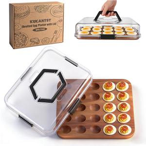Deviled Egg Containers with Clear Locking Lid(25 Eggs), Deviled Egg Platter with Handle, Wooden Deviled Egg Tray for Party, Potlucks and Kitchen, Reversible Charcuterie Board Cutting Board,Gift Box