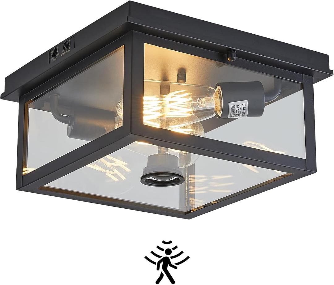 Adjustable Motion Sensor Ceiling Light Fixture Outdoor Modern Design of Squares Flush Mount 2-Light Textured Black with Clear Glass for Your Porch,Garage,Patio,Hallway,Front and Back Yards