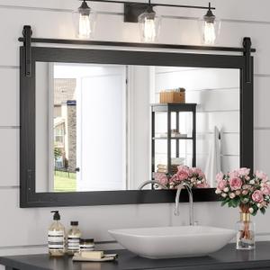 Farmhouse Mirror 41x26 Inch, Black Rustic Bathroom Mirror, Vanity Wood Framed Rectangular Wall Decorative Mirrors for Entryway, Living Room, Bedroom