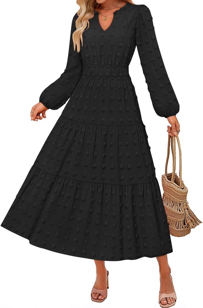 ZESICA Boho Fall Maxi Dresses for Women 2025 Dressy Casual Long Sleeve Swiss Dot Tiered Flowy Swing Wedding Guest Long Dress (Black, M)