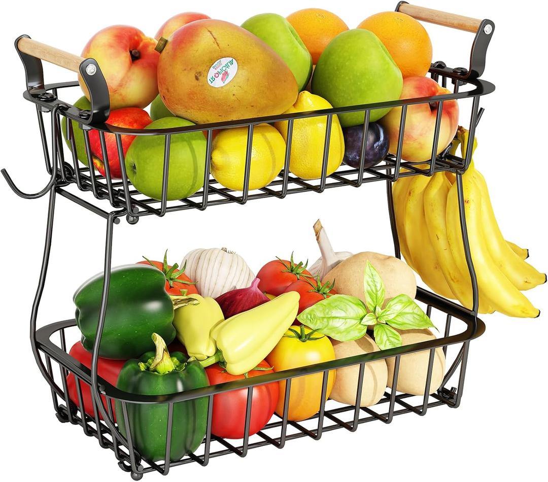 ANTOPY 2 Tier Fruit Basket with 2 Banana Hangers, Countertop Fruit Vegetable Basket Bowl for Kitchen Counter Metal Wire Fruits Storage Stand Holder Organizer for Bread Snack Veggies Produce (Black (2 Tier with Banana Hangers))