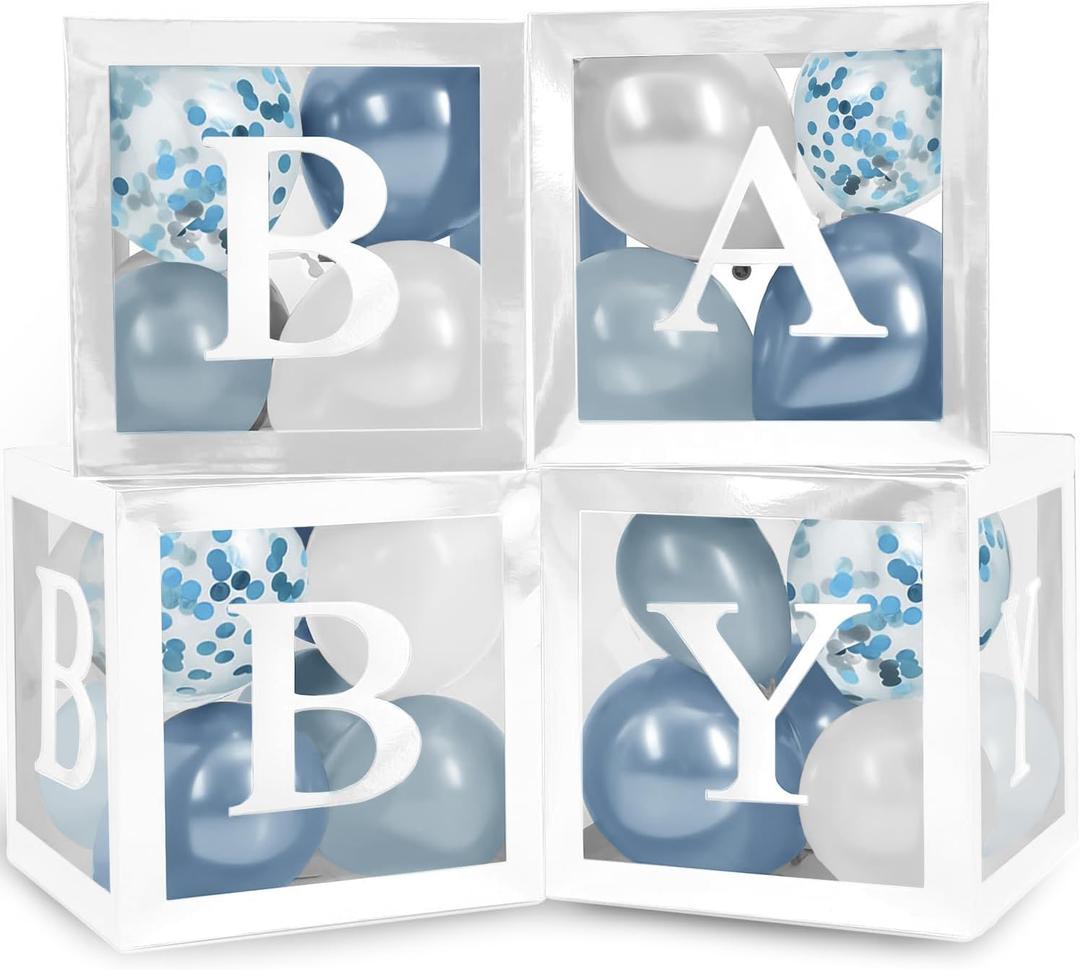 44-Piece Baby Shower Decorations for Boy or Girl - 4 Boxes with Letters and 32 Balloons - Dusty Blue and White (Boho Aesthetic) - Gender Reveal Party Supplies - Photo Shoot Backdrop