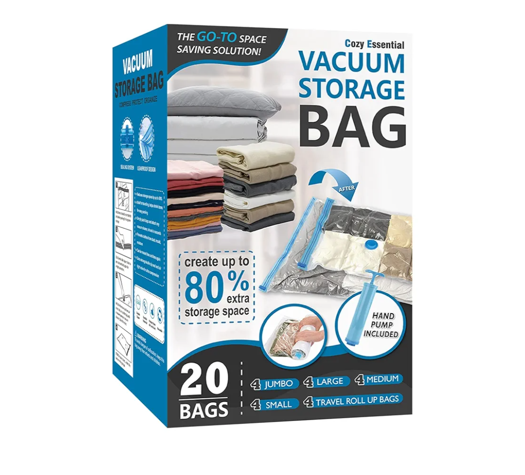 20 Pack Vacuum Storage Bags, Space Saver Bags (4 Jumbo/4 Large/4 Medium/4 Small/4 Roll) Compression for Comforters and Blankets, Sealer Clothes Storage, Hand Pump Included