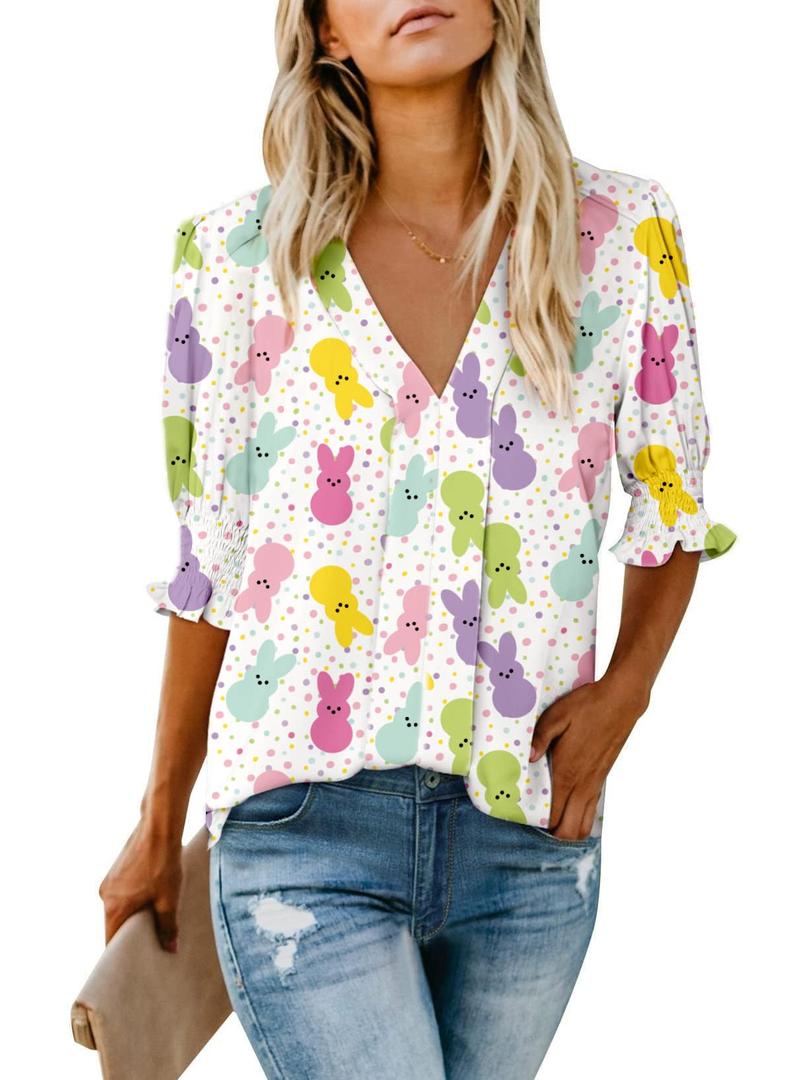 Roshop Blouses Women V Neck Dressy Smocked Sleeve Tops (XL)