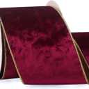 Ribbli Burgundy Velvet Wired Ribbon 4 Inch Metallic Burgundy Gold Crushed Velvet Christmas Ribbon for Gift Wrapping Christmas Tree Decoration Crafts Wreaths Supplies-Continuous 10 Yards