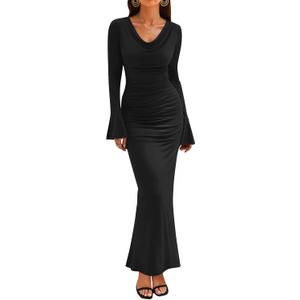 ZESICA Women's Fall Long Sleeve Ruched Knit Cowl Neck Back Slit Maxi Dress (Black)