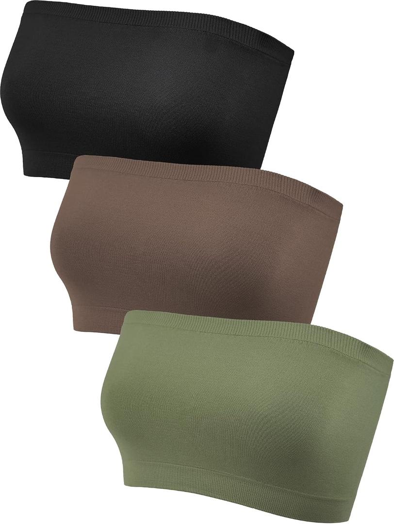HESTYA 3 Pack Women's Strapless Bandeau Bra Seamless Bralette Soft Stretchy Non-Padded Wireless Tube Top Bras, Black, Coffee, Dark Green, Large