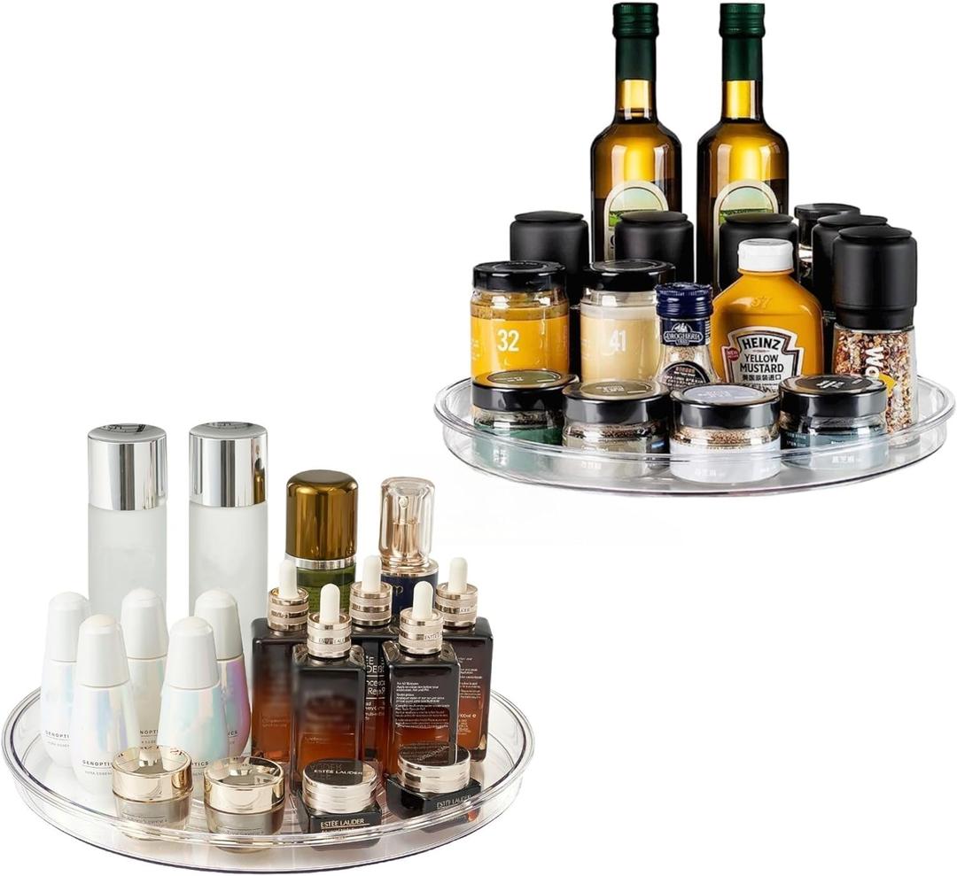 vacane 2-Pack 13Inch Lazy Susan Cabinet Organizer, Plastic Rotating Organizer Spice Rack Condiment Organizer for Pantry, Countertop, Cupboard, Refrigerator-Clear