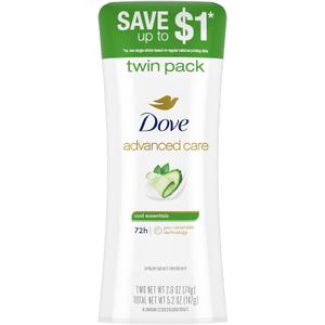 Dove Advanced Care Anti Deo Stick Cool Essentials Twin Pack for helping your skin barrier repair after shaving 72 h odor control and all-day sweat protection with Pro Ceramide Technology 2.6 oz