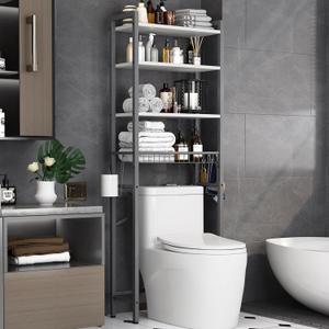 Kalrin Over-The-Toilet Storage Rack, 4-Tier Bathroom Organizer Shelf Over Toilet with Adjustable Shelf and Basket, Freestanding Space Saver Bathroom Shelves Above Toilet for Room (Gray- White), X-Large