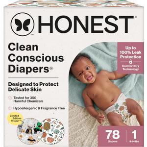 The Honest Company Comfort Dry Disposable Daytime Diapers for Sensitive Skin, Hypoallergenic, Fragrance-Free, Fall '25 Seasonal Prints, Club Box, Size 1 (8-14 lbs), 78 Count