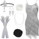 PLULON Women's 1920s Gatsby Sequin Fringed Vintage Flapper Dress Cocktail Party Dress with 20s Accessories Costume Set (Medium, Gray)