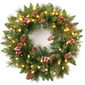 Pre-Lit Christmas Wreath, Decorated Frosted Berries, Pinecones, 50 LED Lights with Timer, Battery Operated, Holiday Decoration for Front Door, Outdoor 24 Inch