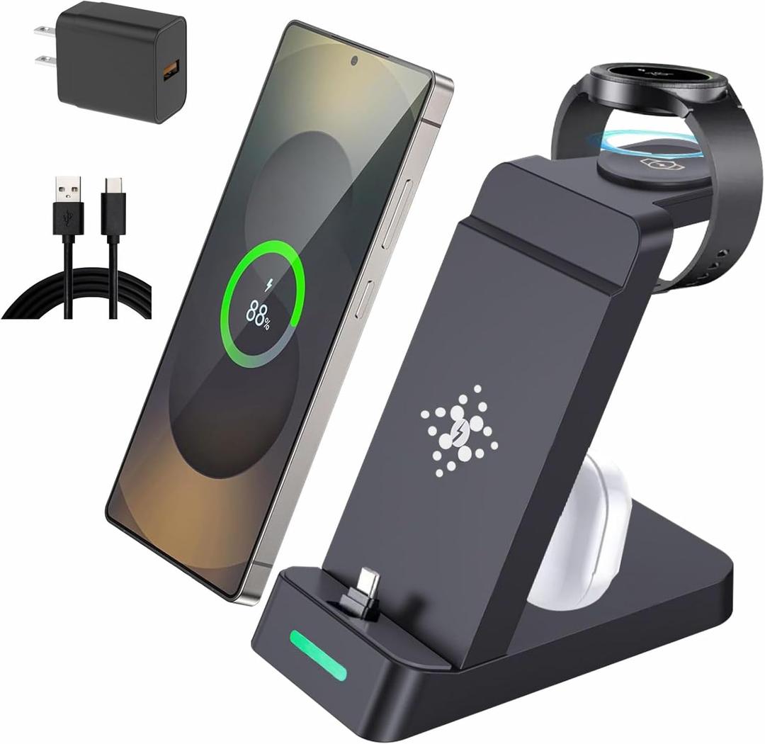3 in 1 Fast Charging Station for Samsung Galaxy Phones Watch Earbuds Charger, Fast Android Charger Stand Dock for Samsung Galaxy S25/S24/S23/S22/21/20/Note20/10 Galaxy Watch Ultra 8/7/6/5/4 (Black)