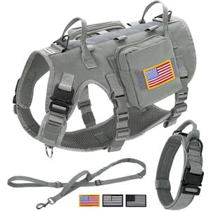 Forestpaw Tactical Dog Harness for Large Dogs, Tactical Dog Collar with Bungee Leash Set, No Pull Military Dog Harness for Walking Training, Adjustable for Medium Large Dogs, Gray, Chest 22-35"