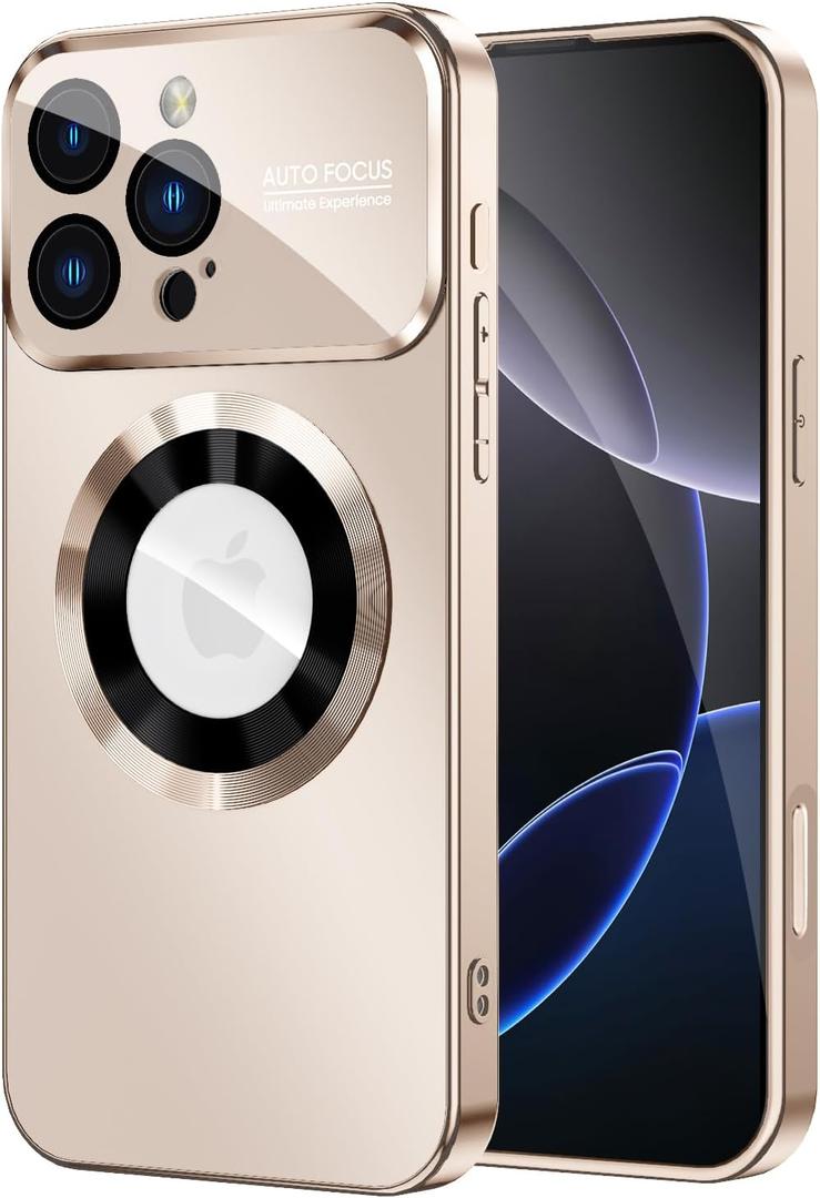 MAKAVO Magnetic for iPhone 16 Pro Max Case, Compatible with MagSafe, Built-in Camera Lens Protector, Logo View, Military Grade Drop Protection Phone Cover, Desert Titanium