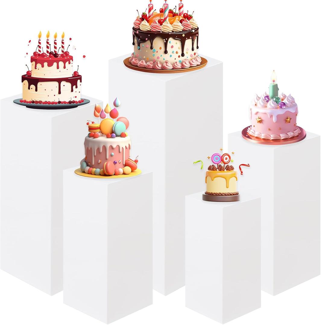 HAISIWLKJ White Premium Square Pedestal Stands, Set of 5 Reusable Metal Square Plinths Dessert Table Cube Display Pillars for Birthday Wedding Bridal Baby Shower Party Decorations