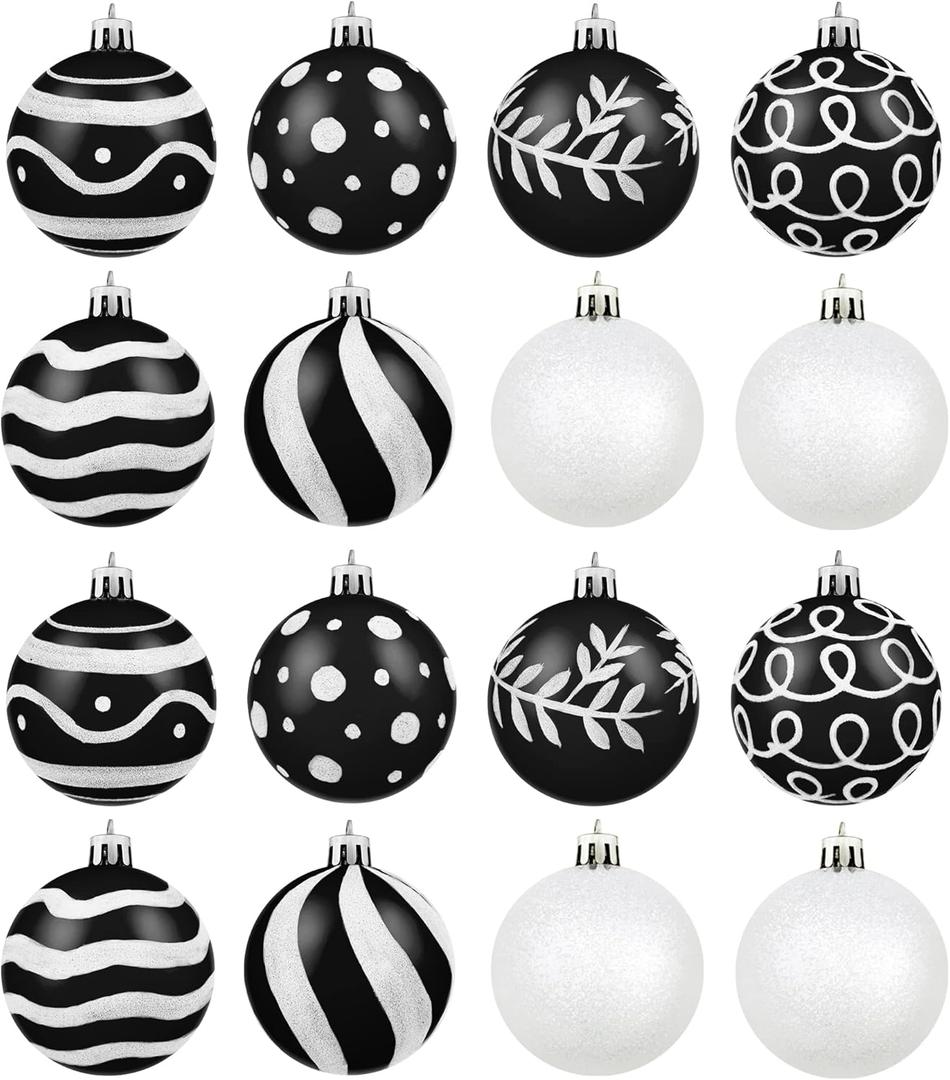 MCEAST 16 Pieces 3.15 Inches Christmas Balls Christmas Tree Pendants Shatterproof Decorative Baubles Balls for Christmas Tree Decoration, Black, White