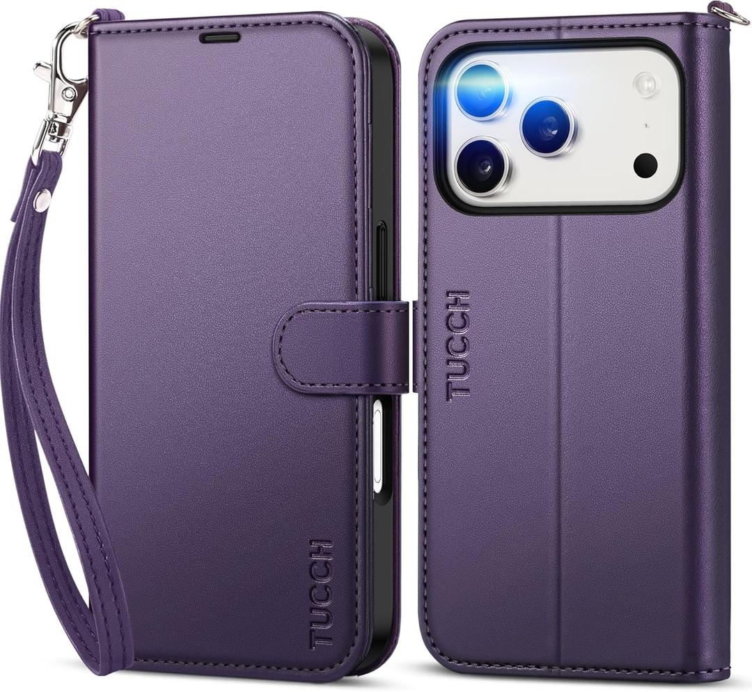 TUCCH Case Wallet for iPhone 17 Pro (6.3") 2025, Wrist Strap, Stand, RFID Blocking, 4 Card Holder, TPU Shockproof Shell, PU Leather, Magnetic Closure Folio Protective Cover, Deep Purple
