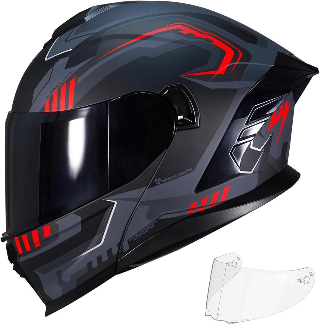 Motorcycle Helmet,Motorcycle Dual Visor Flip up Modular Full Face Helmet JR-815,DOT Approved Motorbike Helmet with 2 Visors for Adults Men Women(Large,Matte Red Evolve)