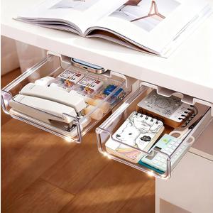 TooCust 2 Pack Under Desk Storage Drawers Slide Out-Drill-On or Self-Adhesive,Large&Medium Drawer Under Desk Organizer Under Table Drawer for Home Office School Organization and Storage